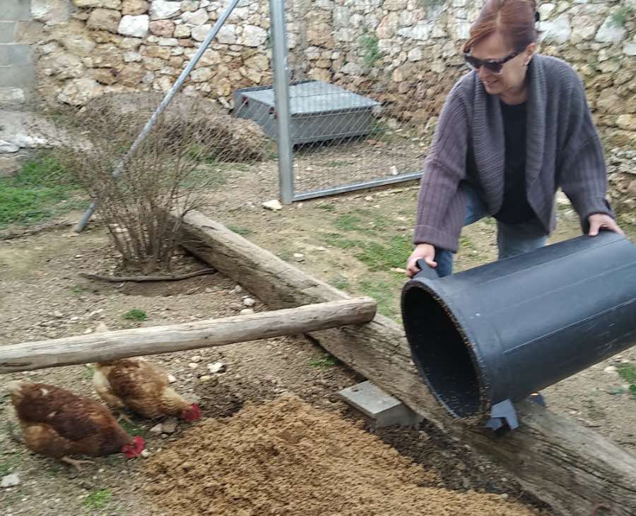 Judith cervecera de La Balluca, reutilizando restos de fabricación con sus gallinas